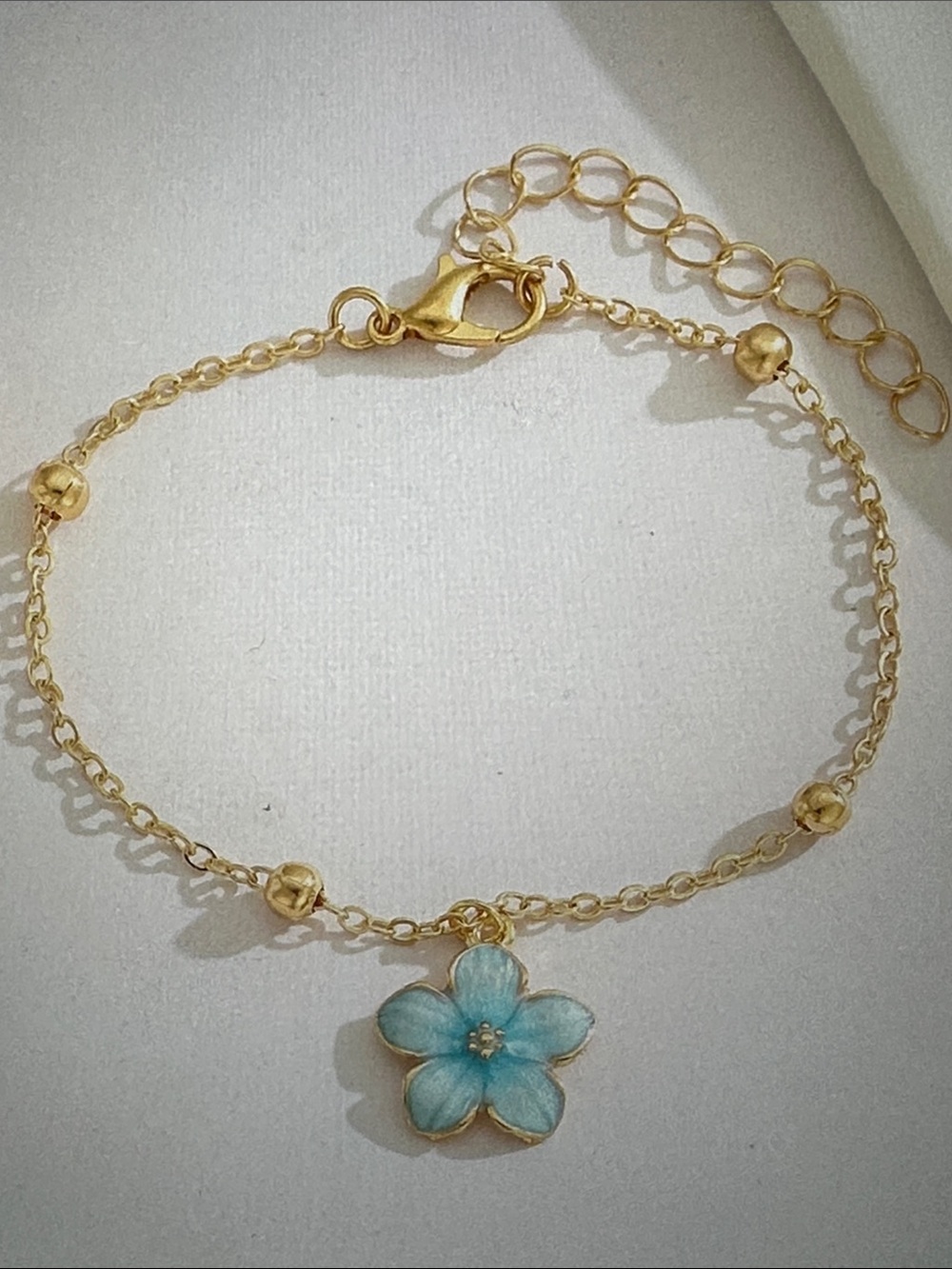 Gold-Plated Bracelet with Blue Enamel Flower Charm - Women Jewelry